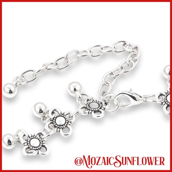 Silver Carved Anklet or Bracelet Water Drop Daisy Tassels With Bells - Picture 5 of 6